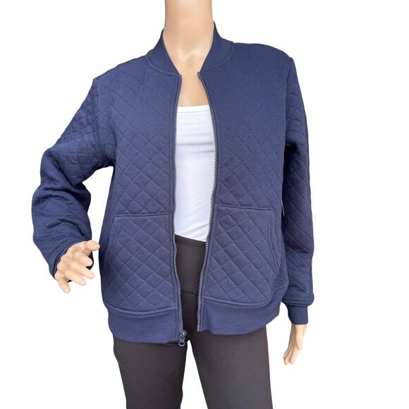Athletic Works S Navy Blue Quilted Bomber Jacket Full Zip Ribbed Activewear Coat - Picture 3 of 6